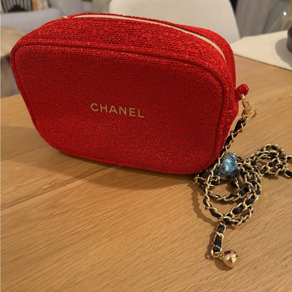 Red Chanel Makeup Bag with Chain Strap
